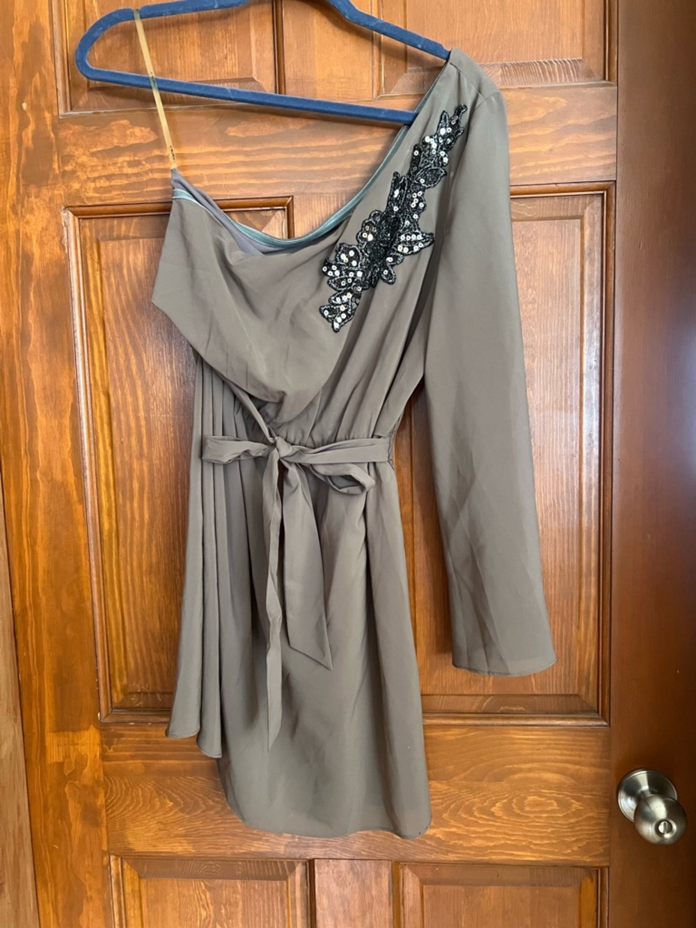 One-Shoulder Brown Dress with Beaded Applique and Self-Tie Waist